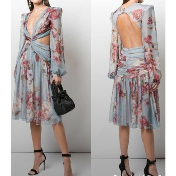 PatBo Peony Print Cutout Midi Crepe Long Sleeve Blue Pink Dress US Size 12 - Picture 1 of 16